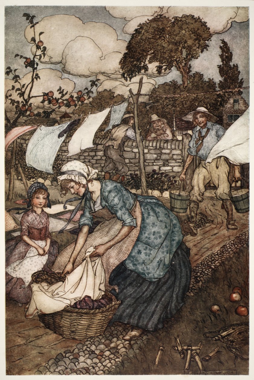 Kylän naiset palkkasivat hänet tekemään sellaisia pieniä omituisia töitä, joita heidän vähemmän sitoutuvansa aviomiehensä eivät tekisi heille., Rip Van Winkle, Washington Irving, pubi. 1910 tekijältä Arthur Rackham