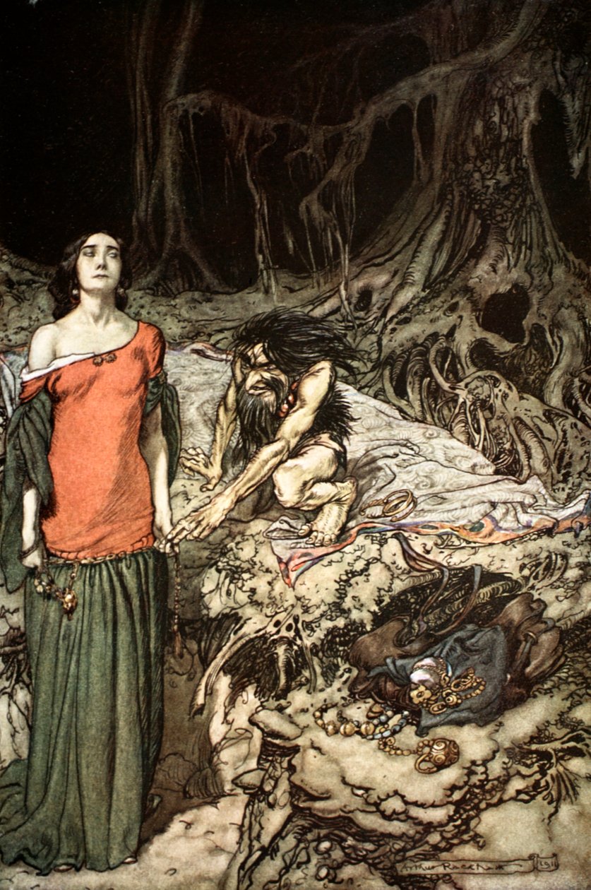 "Hagenin äidin Grimhilden kosiminen", 1924. tekijältä Arthur Rackham