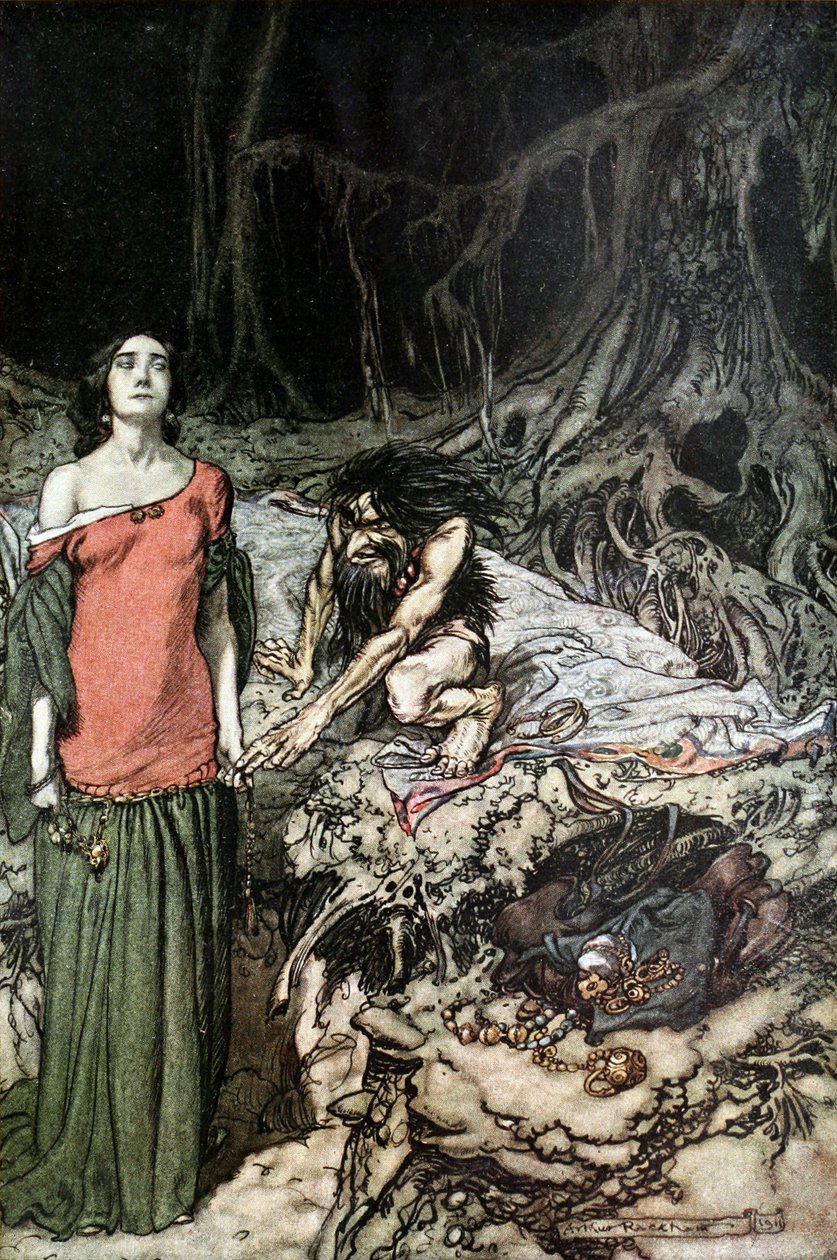 Hagenin äidin Grimhilden kosiminen. Kuvitus Siegfriedistä ja The Twilight of the Goista tekijältä Arthur Rackham