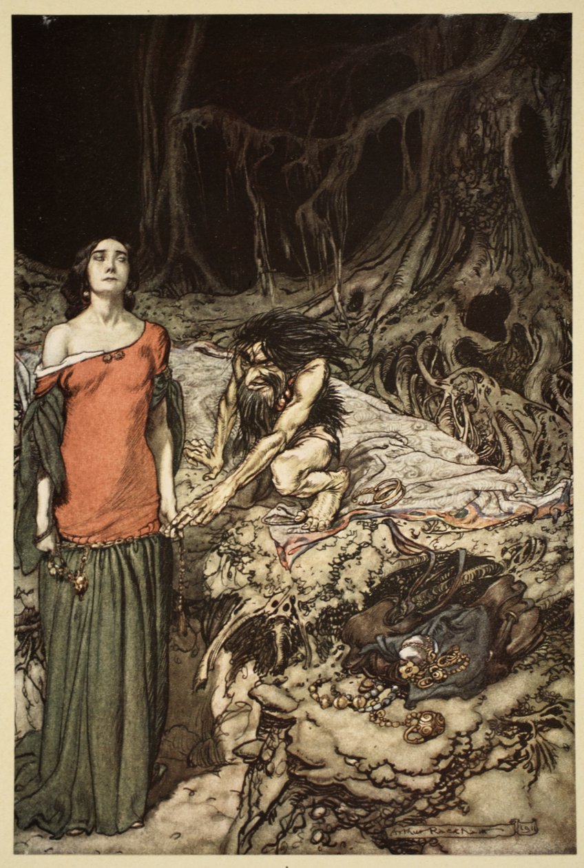 Grimhilden, Hagenin äidin kosiminen elokuvasta Siegfried and The Twilight of the Gods, 1910 tekijältä Arthur Rackham