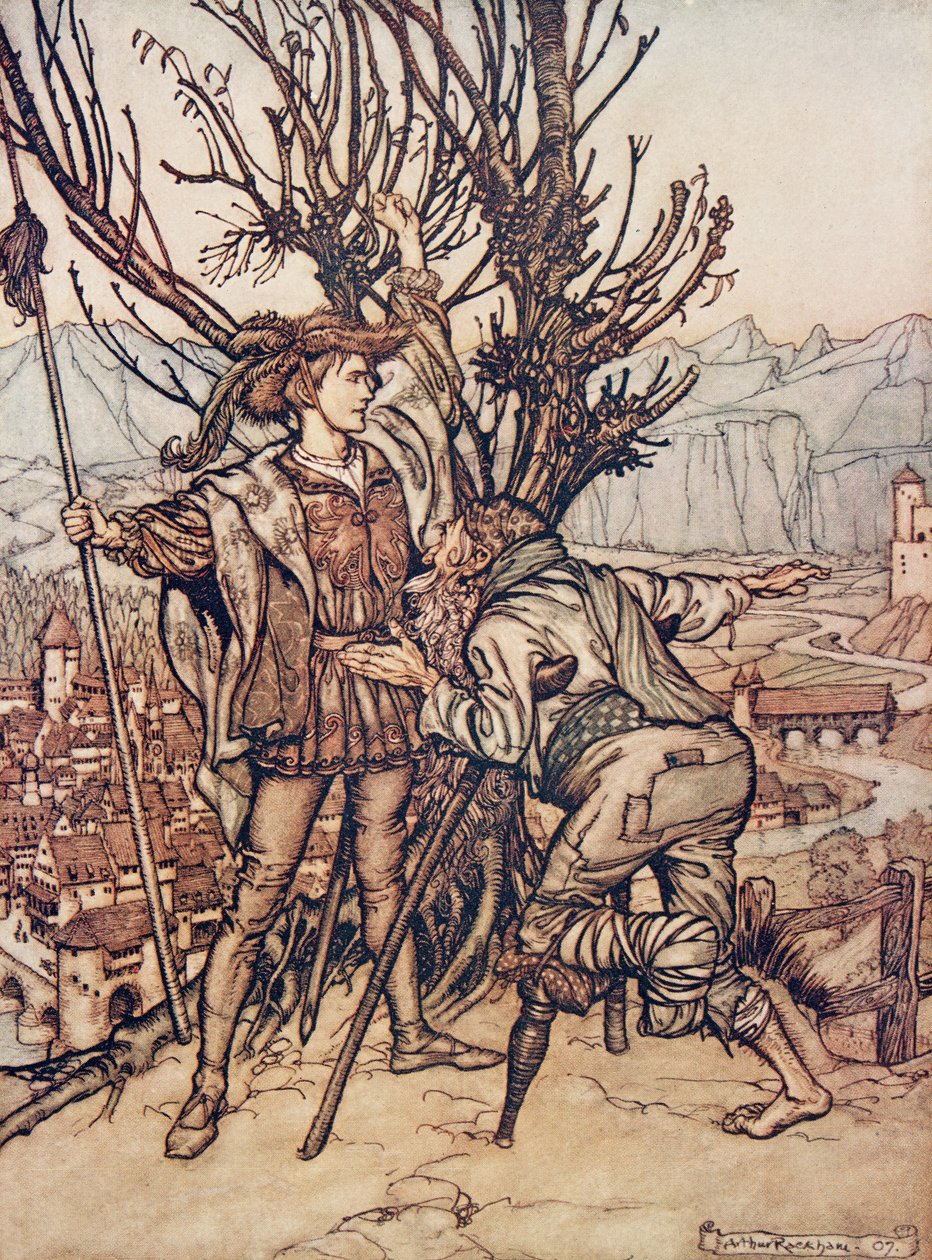Nuori prinssi sanoi: "En pelkää; olen päättänyt mennä katsomaan ihanaa Briar Rosea", Grimmin veljesten saduista, kustantamo. 1909 tekijältä Arthur Rackham