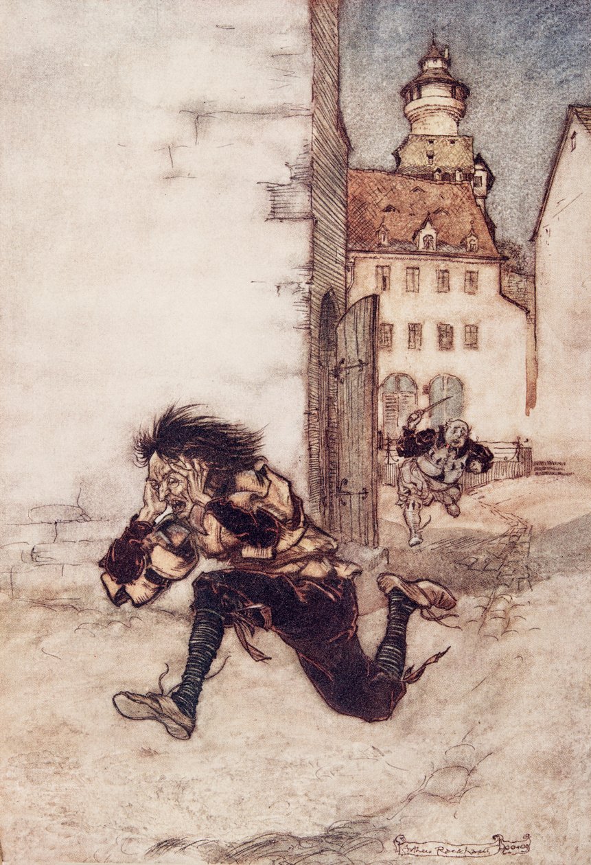 Sitten hän juoksi hänen peräänsä, veitsi yhä kädessään, ja huusi Vain yksi, vain yksi!" (The Fairy Tales of the Brothers Grimm, pub. 1909 tekijältä Arthur Rackham