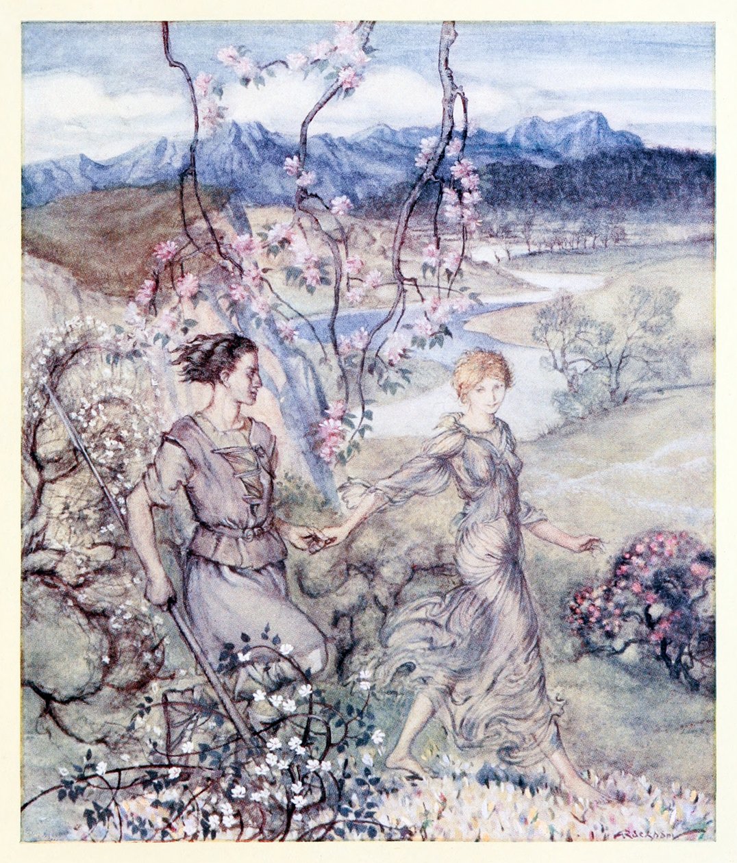 Sitten he [Iollan ja Tuiren] kulkivat käsi kädessä maassa, joka tuoksuu omenankukalta ja hunajalta. from The Birth of Bran in Irish Fairy Tales (Branin syntymä irlantilaisissa saduissa) tekijältä Arthur Rackham