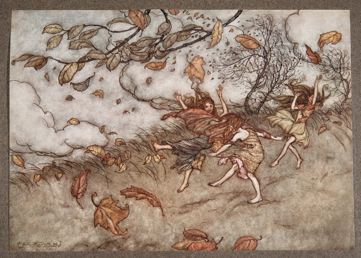 Melkein missään ei ole niin suurta hauskanpitoa kuin pudonneessa lehdessä, J. M. Barrien (1860-1937) Peter Pan in Kensington Gardens, pub. 1906 tekijältä Arthur Rackham