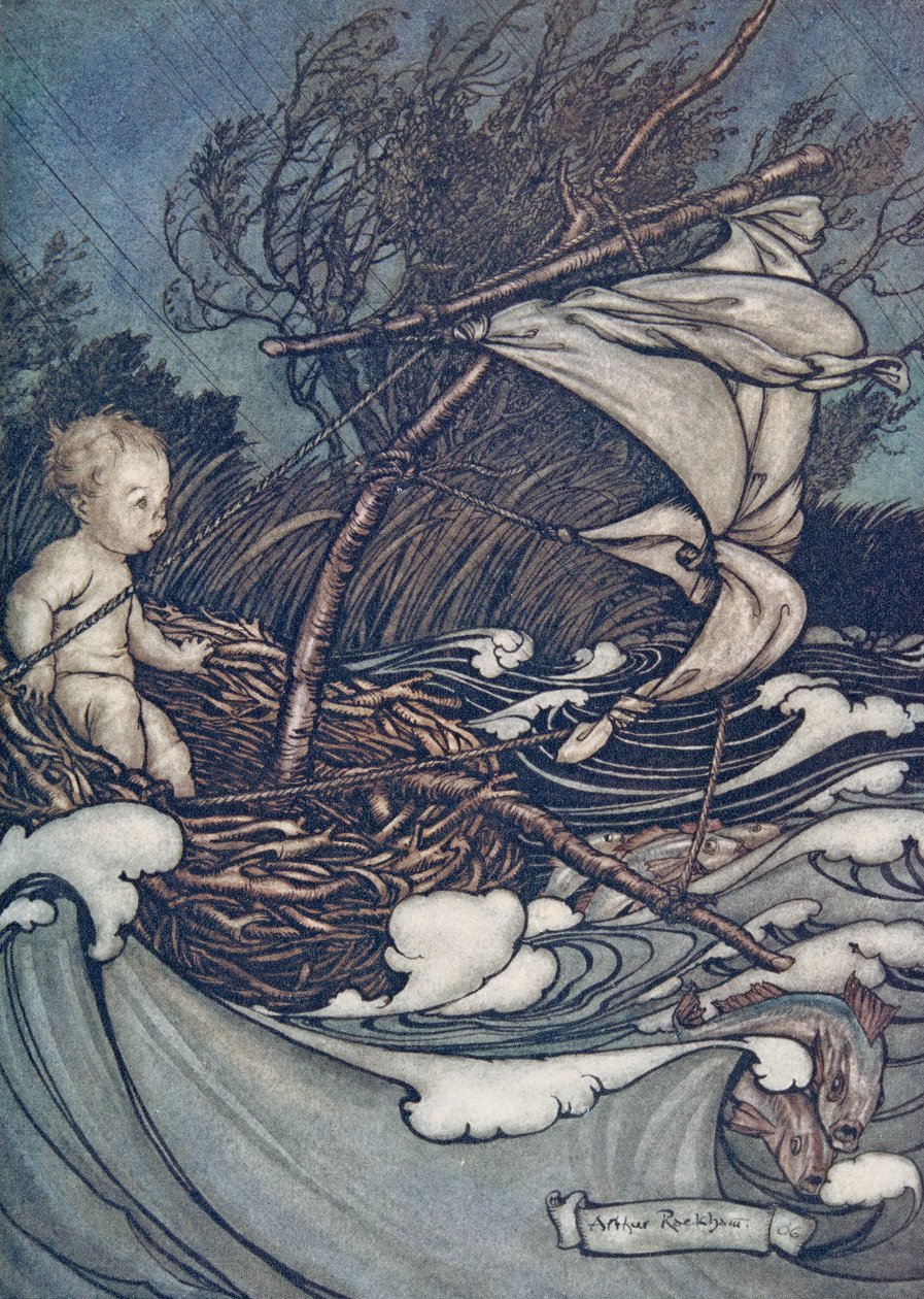 Nyt nousi mahtava myrsky, ja häntä heitteltiin sinne ja tänne.. Peter Panista Kensington Gardensissa, kirjoittanut J M Barrie (1860 - 1937), pub. 1906 tekijältä Arthur Rackham