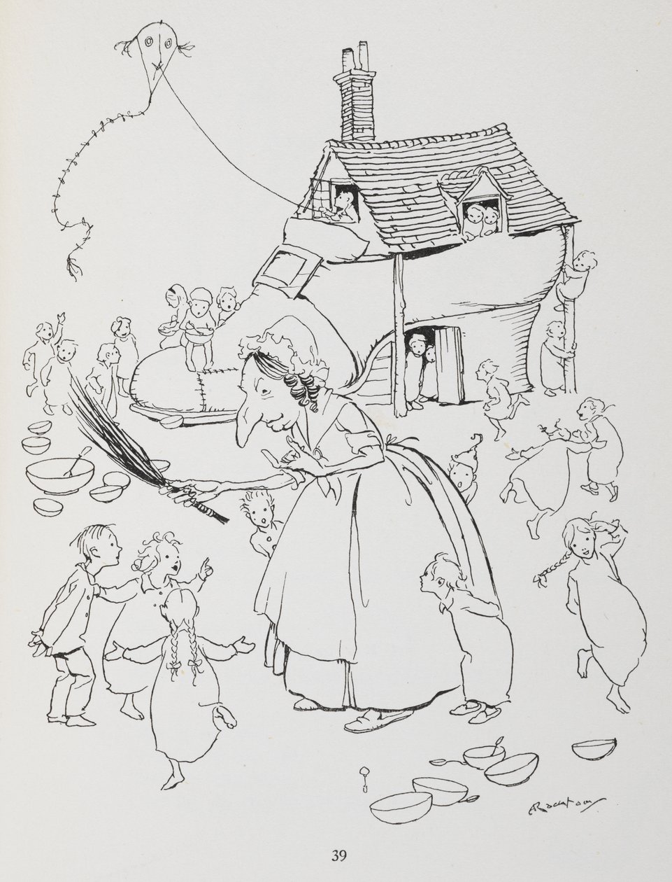 Siellä oli vanha rouva, joka asui kengässä. Nainen, jolla on kenkätalo ja paljon lapsia. tekijältä Arthur Rackham