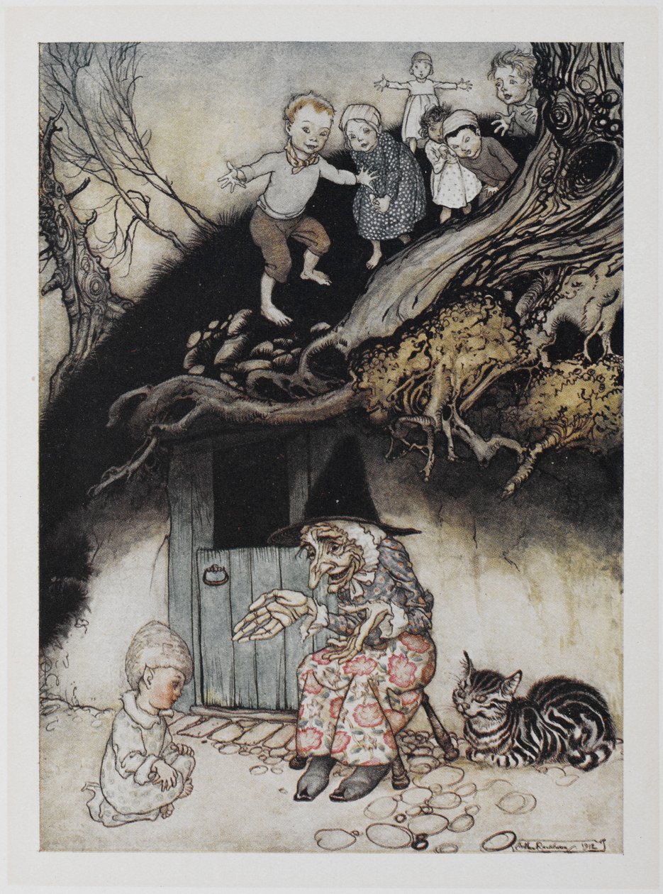Siellä oli vanha nainen, joka asui kukkulan alla. tekijältä Arthur Rackham