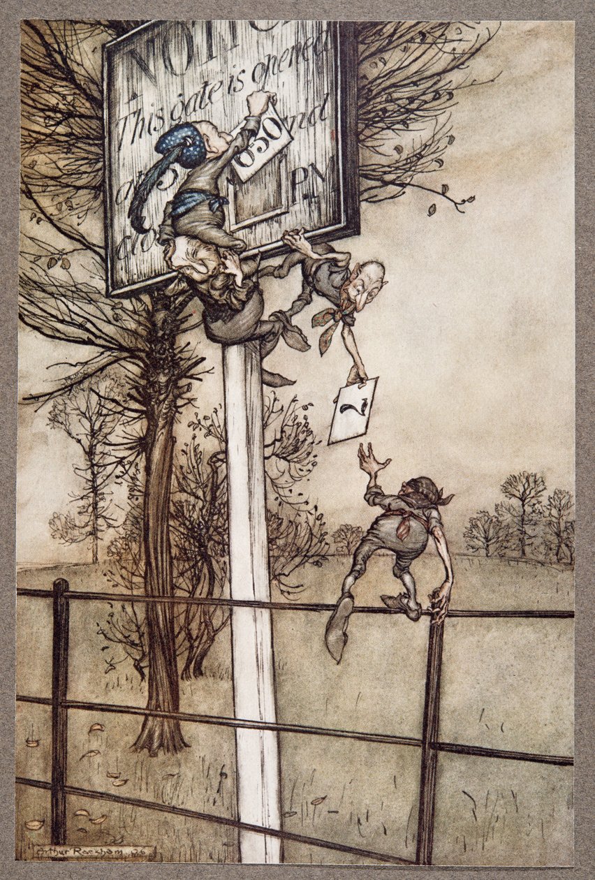 Nämä hankalat keijut vaihtavat joskus ovelasti pöytää juhlaillassa... J. M. Barrien (1860 - 1937) pubista Peter Panin Kensington Gardensissa. 1906 tekijältä Arthur Rackham