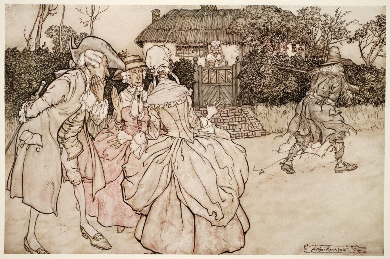 He kaikki tuijottivat häntä yhtä hämmästyneenä ja silittelivät aina leukaansa. Washington Irvingin pubista Rip Van Winkle. 1910 tekijältä Arthur Rackham