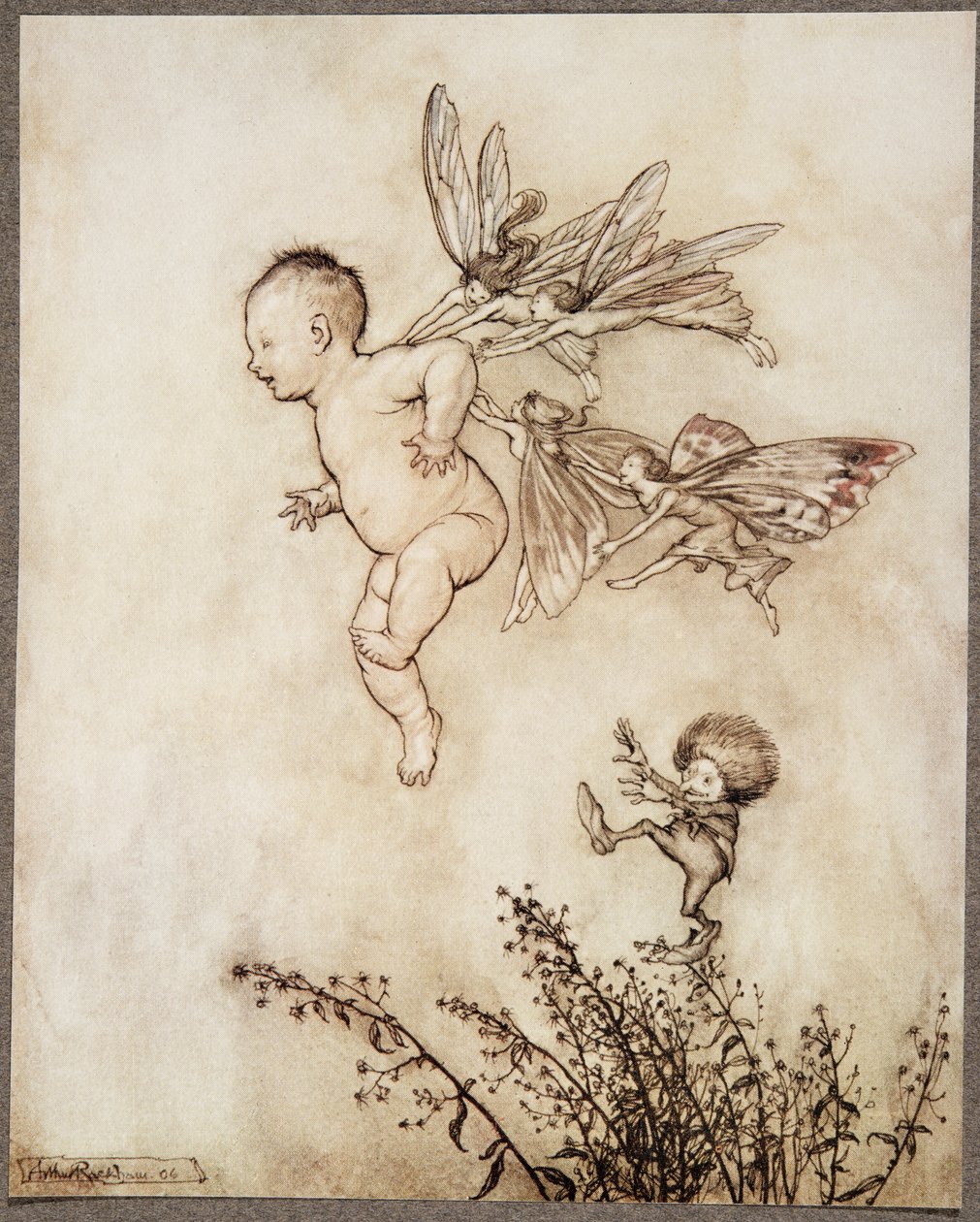 He kaikki kutittelivat häntä olkapäällä.. Peter Panilta Kensington Gardensissa, kirjoittanut J M Barrie (1860 - 1937), pubi. 1906 tekijältä Arthur Rackham