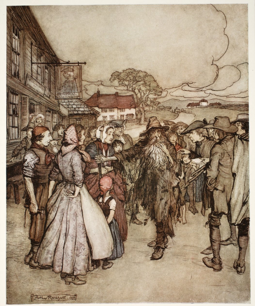 He tungosivat hänen ympärillään ja katselivat minua päästä jalkaan suurella uteliaisuudella. Rip Van Winkle, Washington Irving, pubi. 1910 tekijältä Arthur Rackham