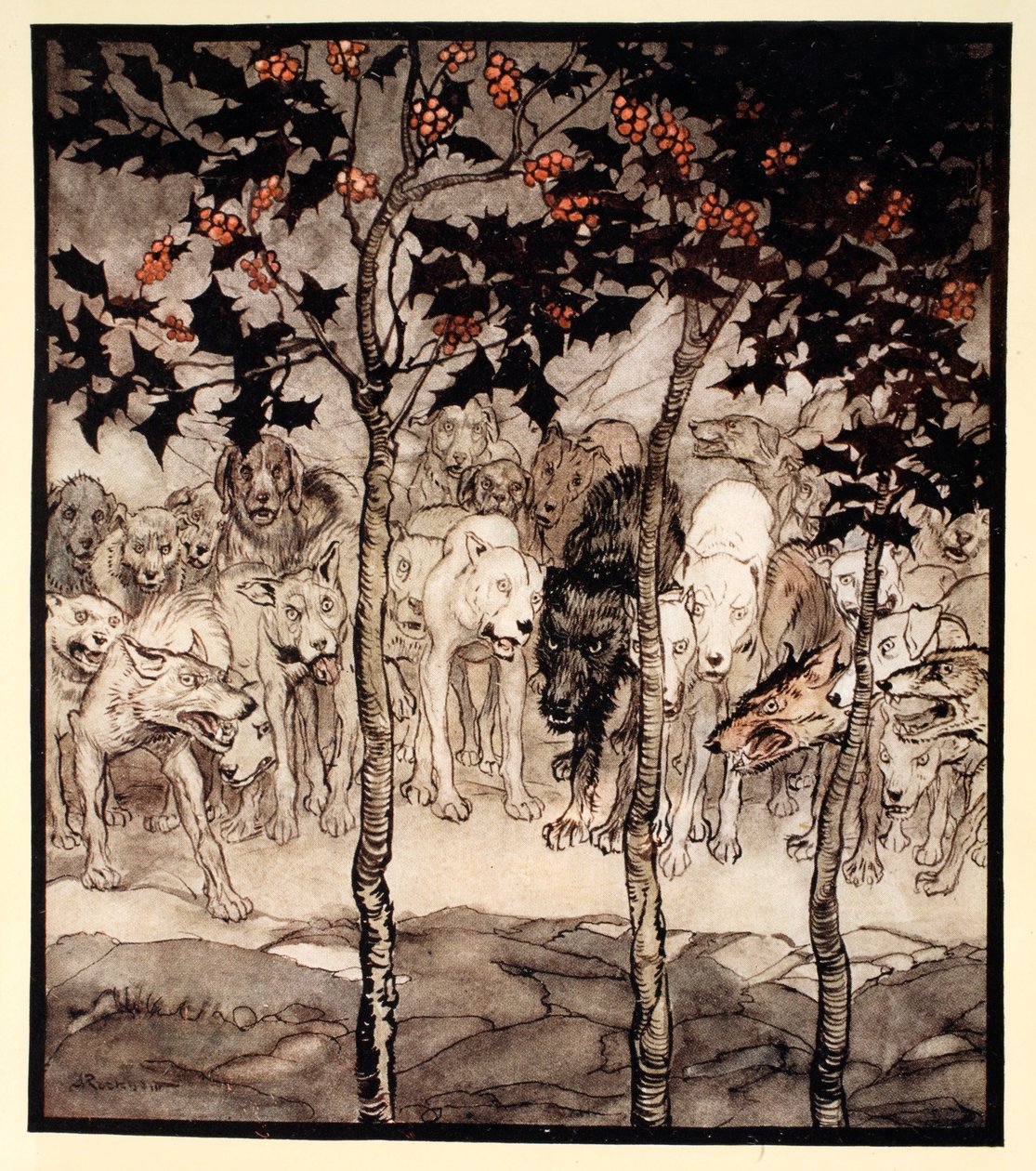He seisoivat ulkona täynnä julmuutta ja kauhua, kuvitus James Stephensin "Irish Fairy Talesista" tekijältä Arthur Rackham