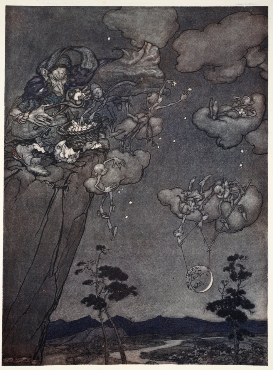 Heitä hallitsi vanha squaw-henki, joka ripusti uudet kuut taivaalle ja leikkasi vanhat tähdiksi., Rip Van Winkle, Washington Irving, pubi. 1910 tekijältä Arthur Rackham