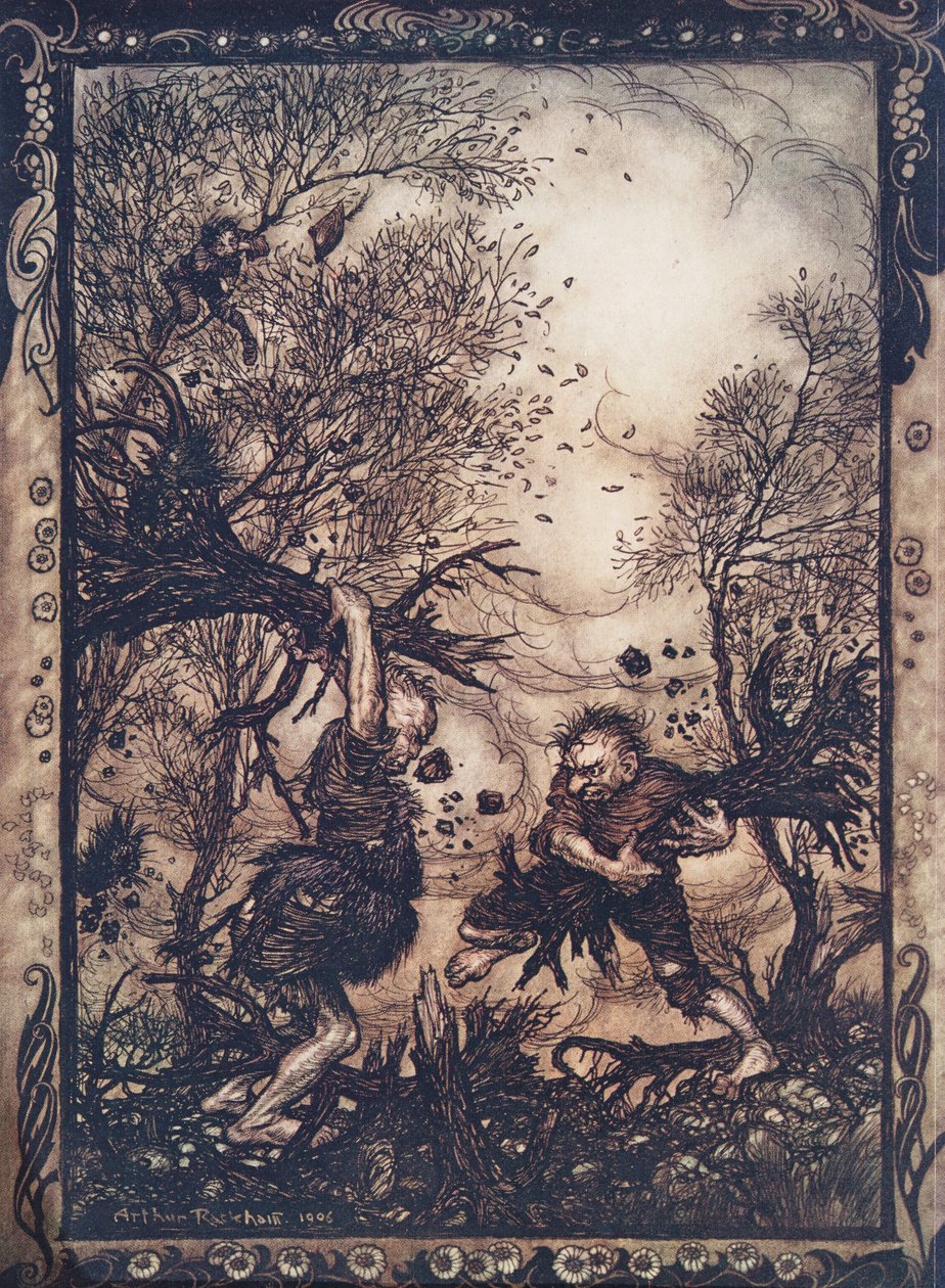 He raivostuivat niin, että repivät puita juurineen ja hakkasivat toisiaan, kunnes molemmat kaatuivat kuolleina, Grimmin veljesten saduista, kustantamo. 1909 tekijältä Arthur Rackham
