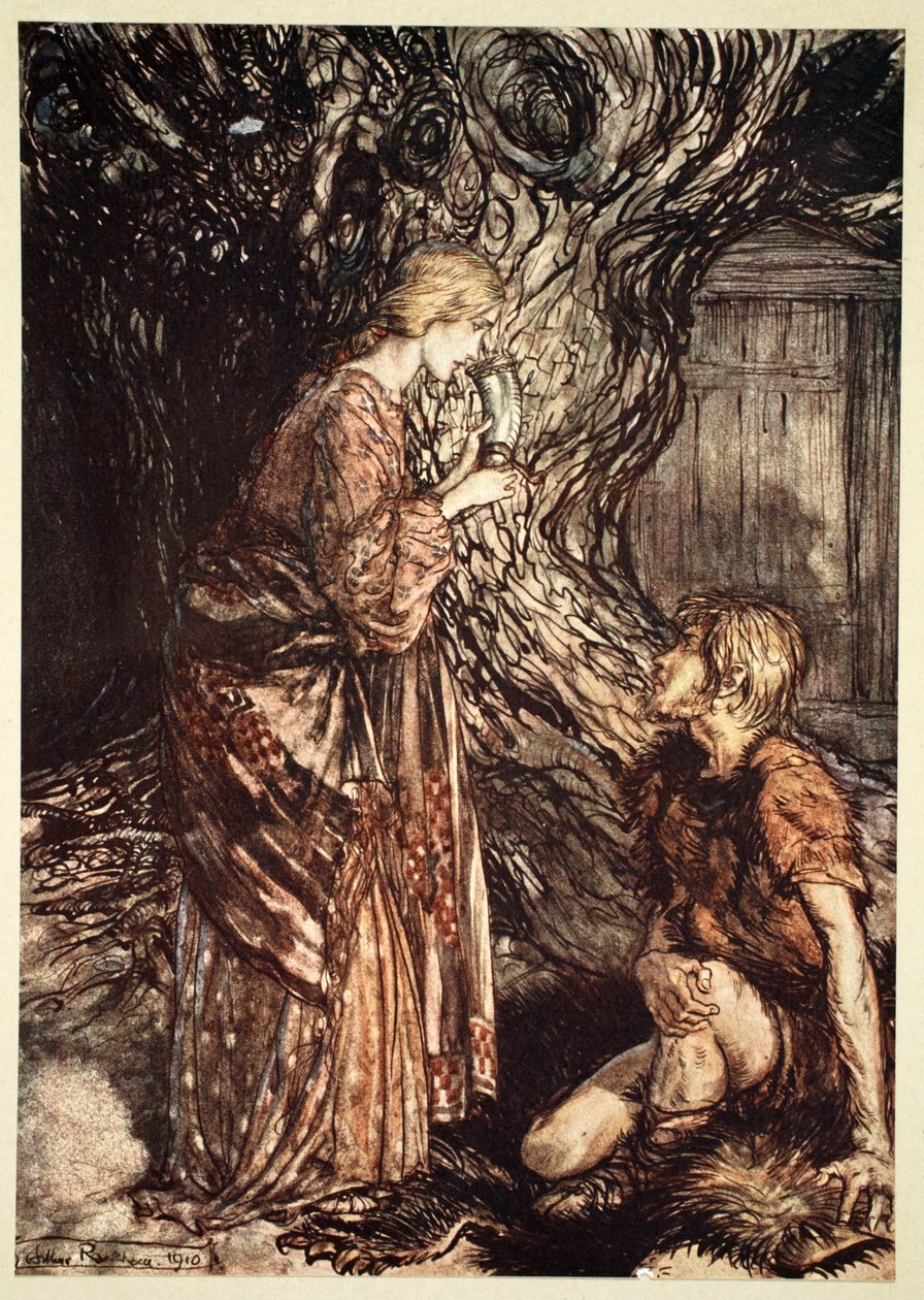 "Tämä parantava ja hunajainen meadin luonnos ansaitsee hyväksyä minulta", 1910. tekijältä Arthur Rackham