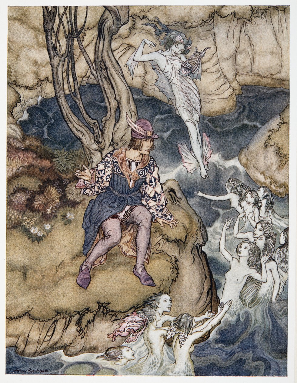 Tämä musiikki ryömi vesillä, kuvitus William Shakespearesin Myrsky -teoksesta, pub. 1926 tekijältä Arthur Rackham