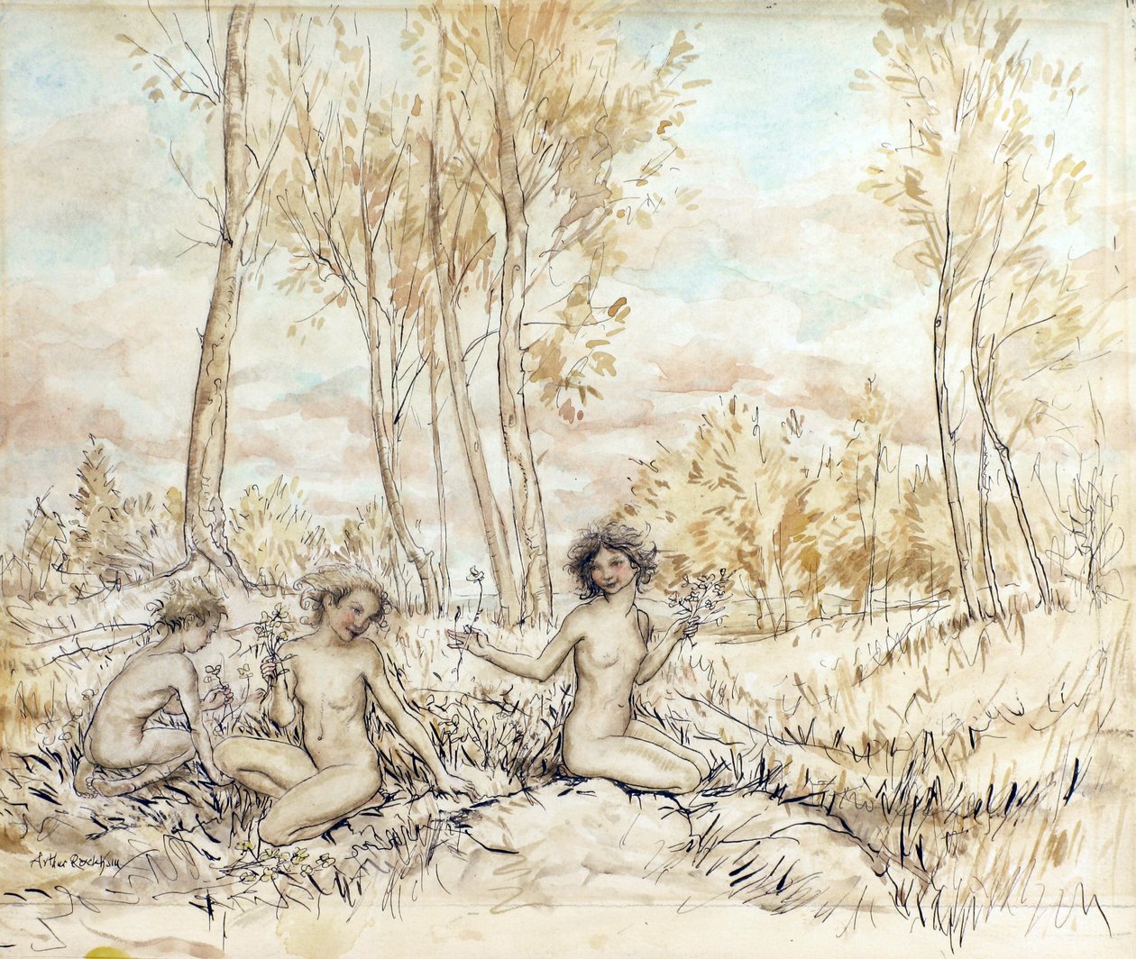Kolme puunymfiä keräämässä kukkia (kynä & muste ja wc paperilla) tekijältä Arthur Rackham