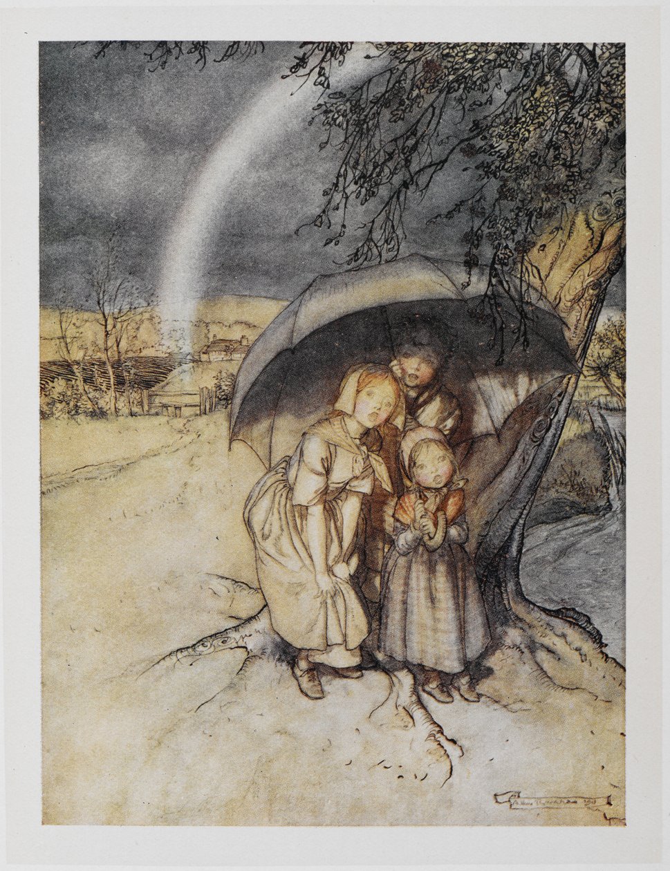 Kolme lasta suojaa sateenvarjon alla sateenkaaren kanssa. "Sade, mene Espanjaan". tekijältä Arthur Rackham