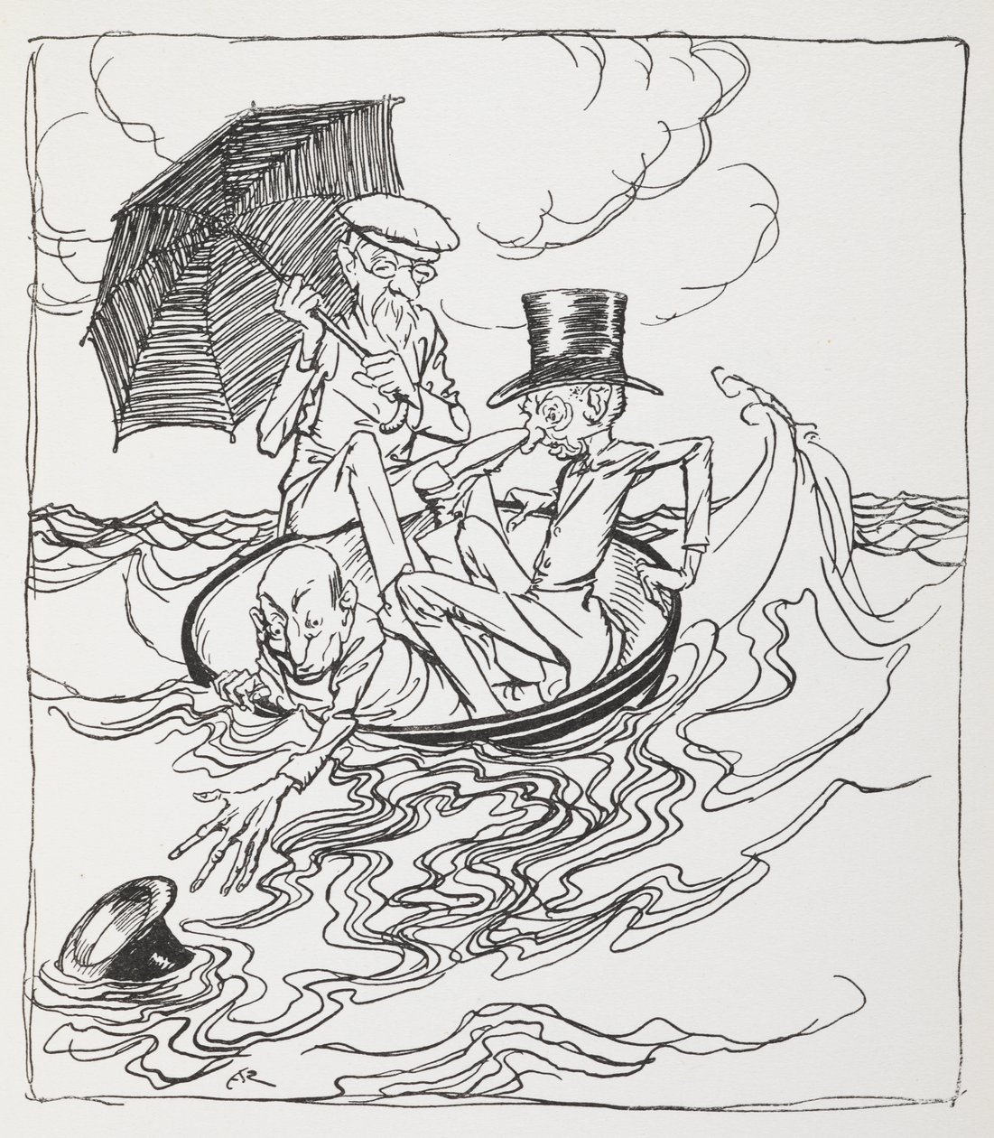 Kolme miestä kulhossa merellä. tekijältä Arthur Rackham