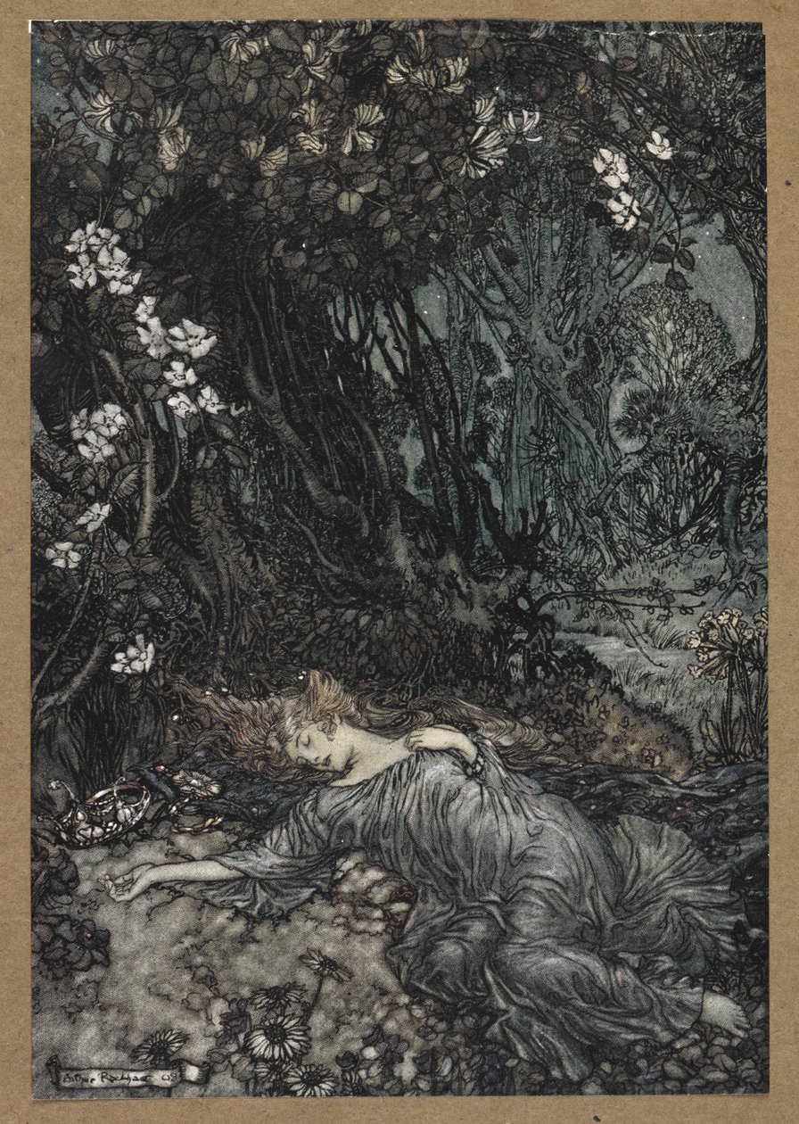 Titania makaa unessa. Kohtaus Kesäyön unelmasta. tekijältä Arthur Rackham