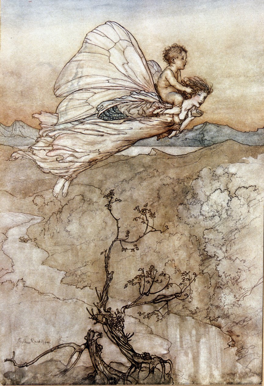 Titania Feesin kuningatar lentää changelin-lapsensa selässä. Arthur RACKHAMin (1867-1939) kuvitus William SHAKESPEAREN kesäyön unelmaan tekijältä Arthur Rackham