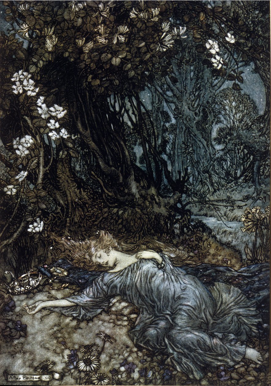 Titania Feesin kuningatar nukkuu. Arthur RACKHAMin (1867-1939) kuvitus William SHAKESPEAREN kesäyön unelmaan tekijältä Arthur Rackham