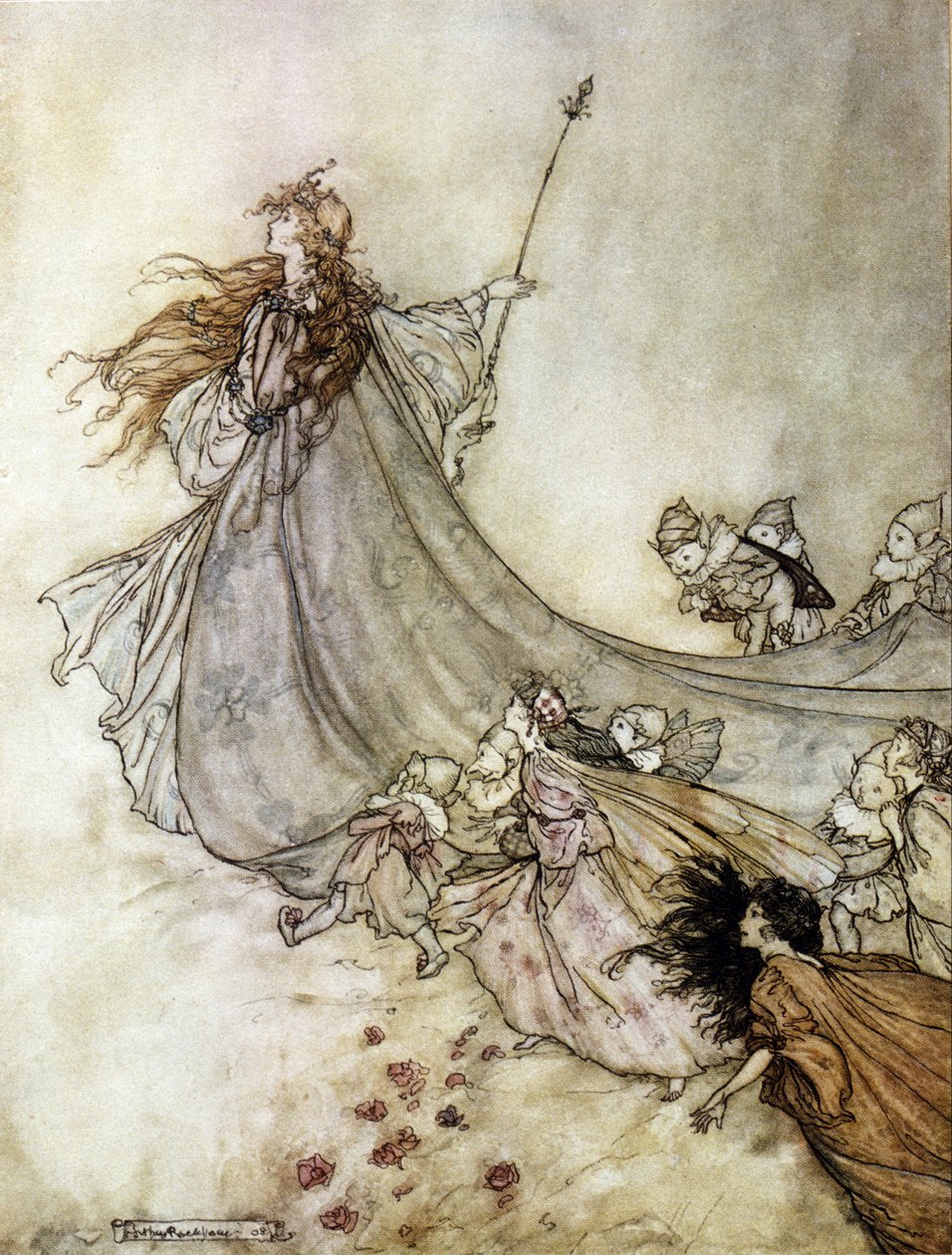 Titania maksujen kuningatar. Arthur RACKHAMin (1867-1939) kuvitus William SHAKESPEAREN kesäyön unelmaan tekijältä Arthur Rackham