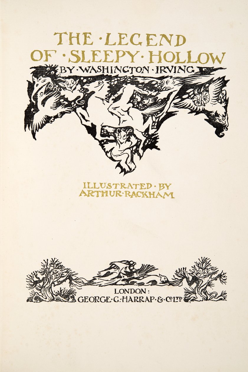 Nimiölehti, teoksesta The Legend of Sleepy Hollow, kirjoittanut Washngton Irving (1783 - 1859), julkaissut. 1928 tekijältä Arthur Rackham
