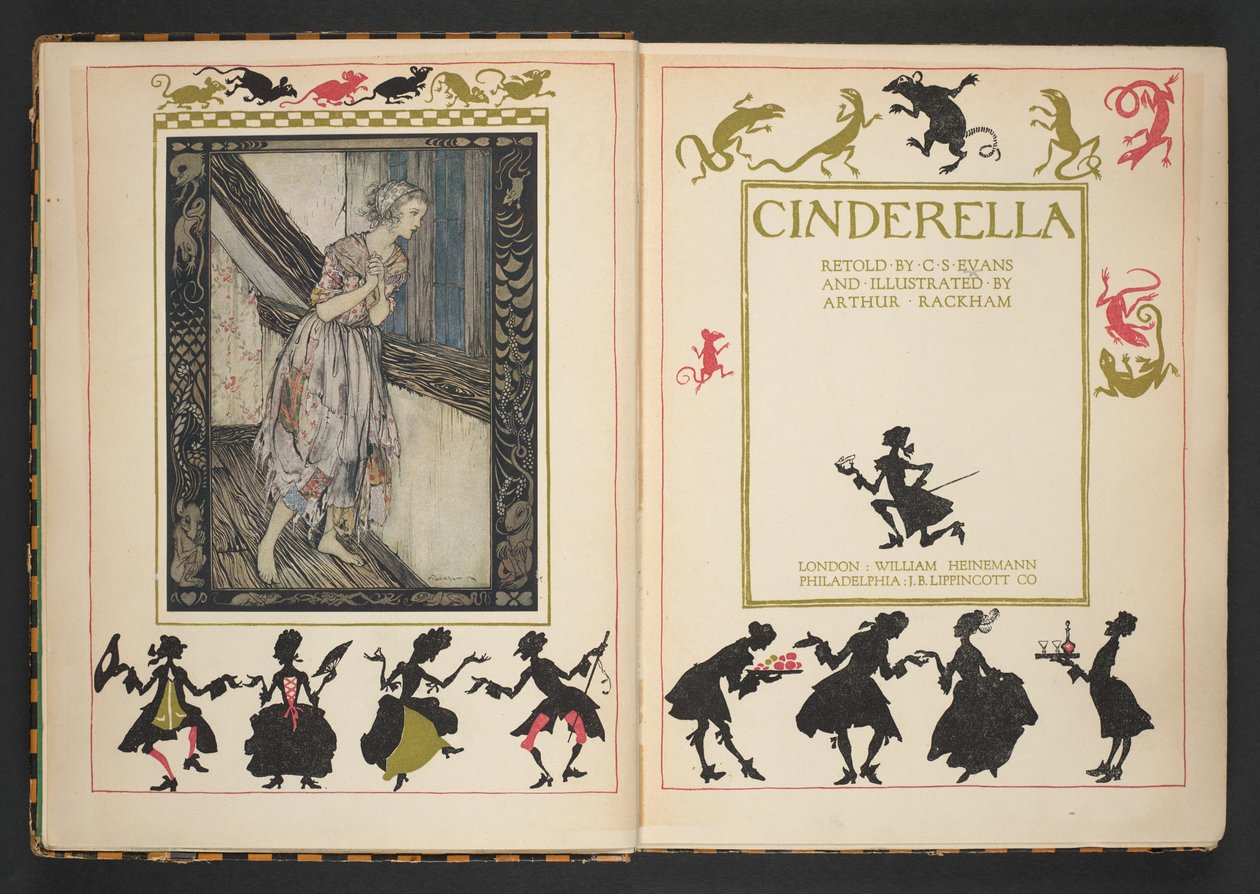 Cinderellan nimilehti ja etukappale, uudelleen kertonut C.S. Evans ja kuvittanut Arthur Rackham tekijältä Arthur Rackham
