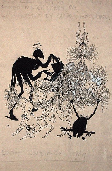 Nimisivukuvitus teokselle "The Zankiwank and the Bletherwitch", kirjoittanut S.J. Adair Fitzgerald, julkaistu 1896 (kynä ja muste paperille) tekijältä Arthur Rackham