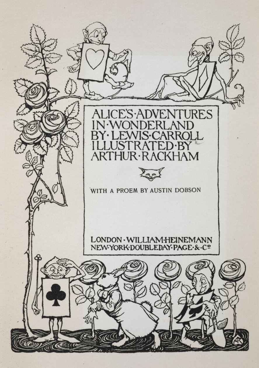 Nimisivulla ruusupensas, Valkoinen Kani ja korteiksi pukeutuneita miehiä tekijältä Arthur Rackham