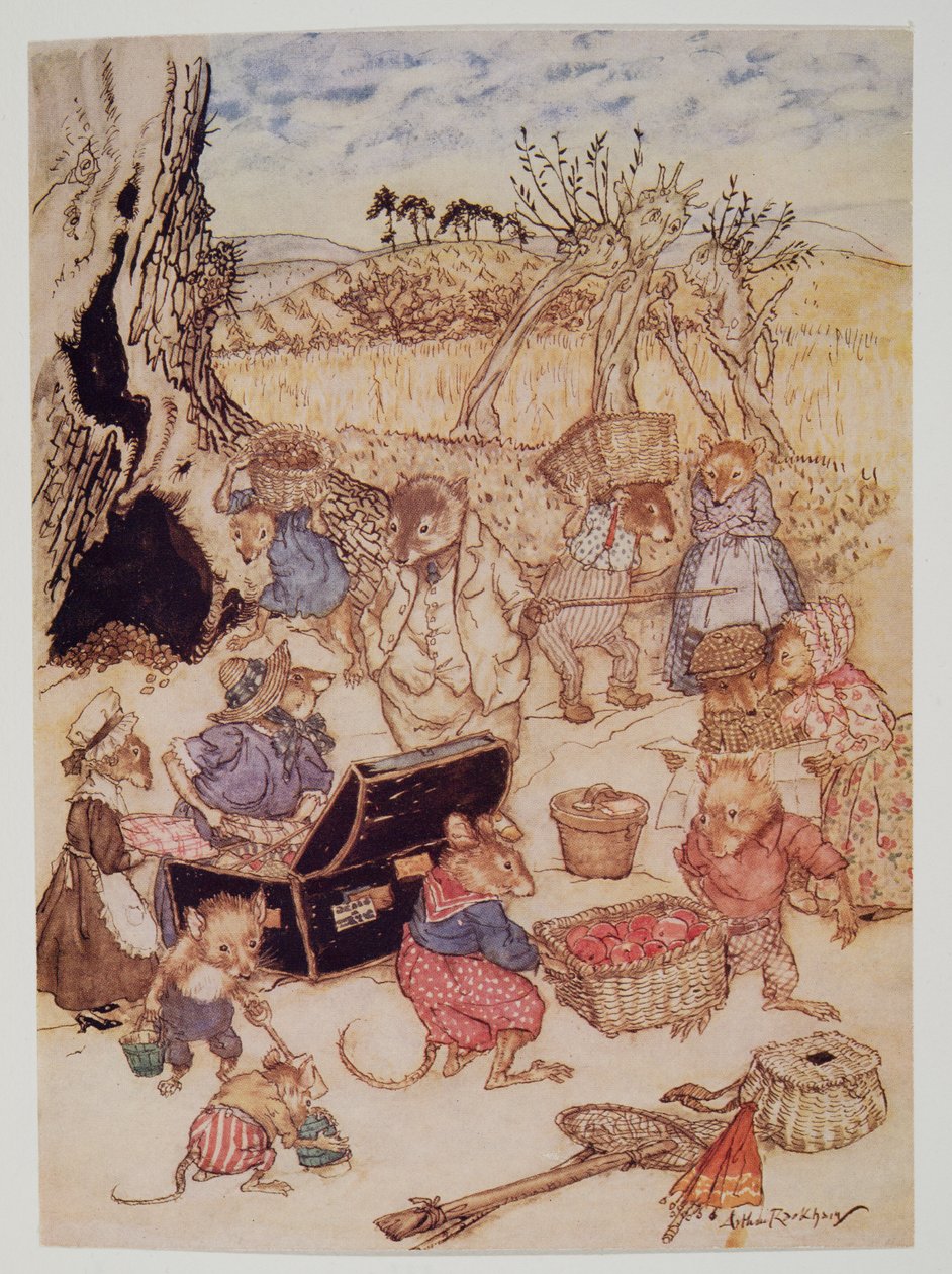 Nykyään, vaikka he olivatkin tarpeeksi sivistyneitä, peltohiiret ja sadonkorjuuhiiret näyttivät olevan huolissaan Kenneth Grahamen (1859 - 1932) pubista Wind in the Willows. 1940 tekijältä Arthur Rackham