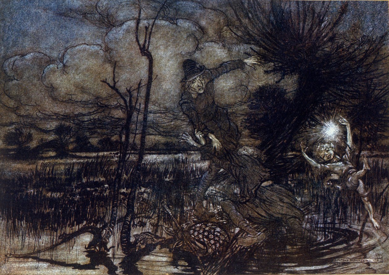 Kaksi hahmoa ei hukku suohon, Puck auttaa heitä tulessa. Arthur RACKHAMin (1867-1939) kuvitus William SHAKESPEAREN kesäyön unelmaan tekijältä Arthur Rackham