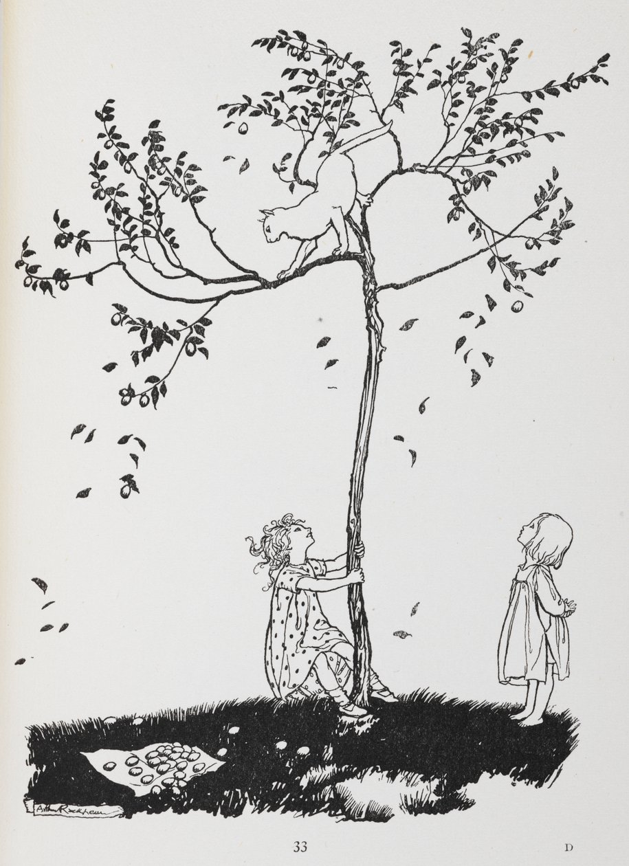 Kaksi lasta yrittää saada kissan alas puusta. tekijältä Arthur Rackham