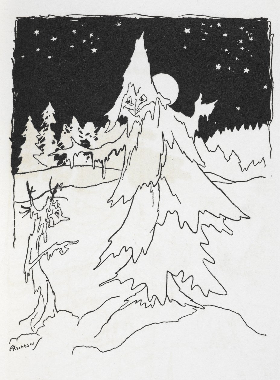Kaksi puumiestä lumisessa metsässä tekijältä Arthur Rackham