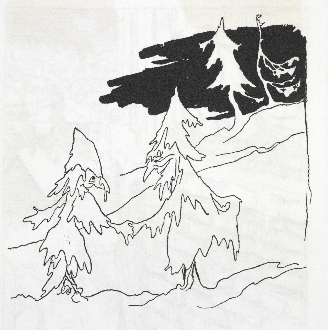 Kaksi puumiestä kättelemässä tekijältä Arthur Rackham