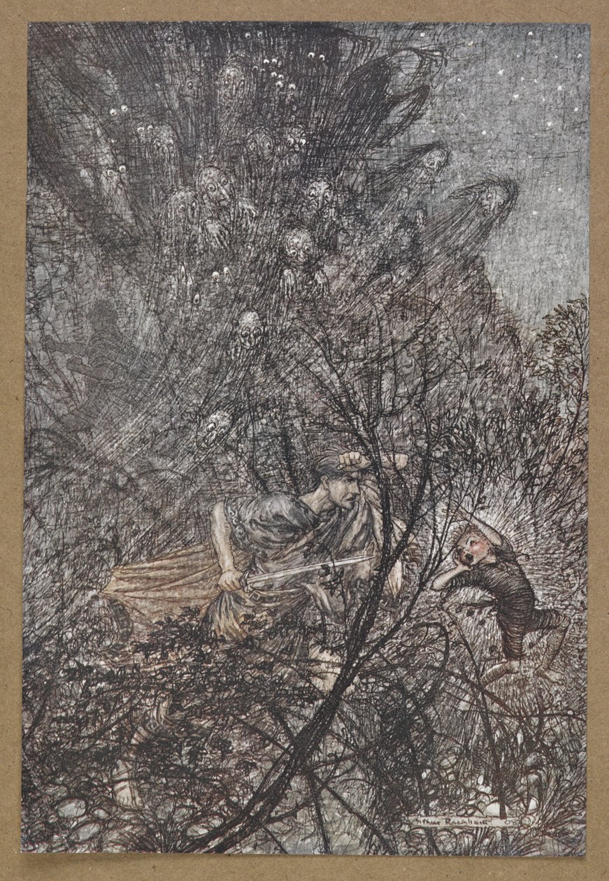 Ylös ja alas, ylös ja alas, peikko, johda heitä ylös ja alas. Kohtaus Kesäyön unelmasta. tekijältä Arthur Rackham