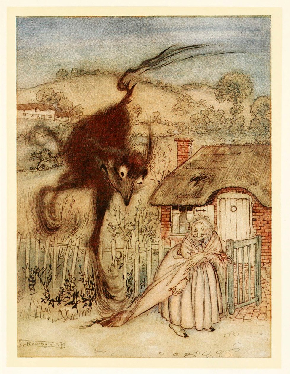 Hyvin! hän naurahti, minulla on onni!, Englannin satuista, pubista. 1922 värilitografia, 1922 tekijältä Arthur Rackham