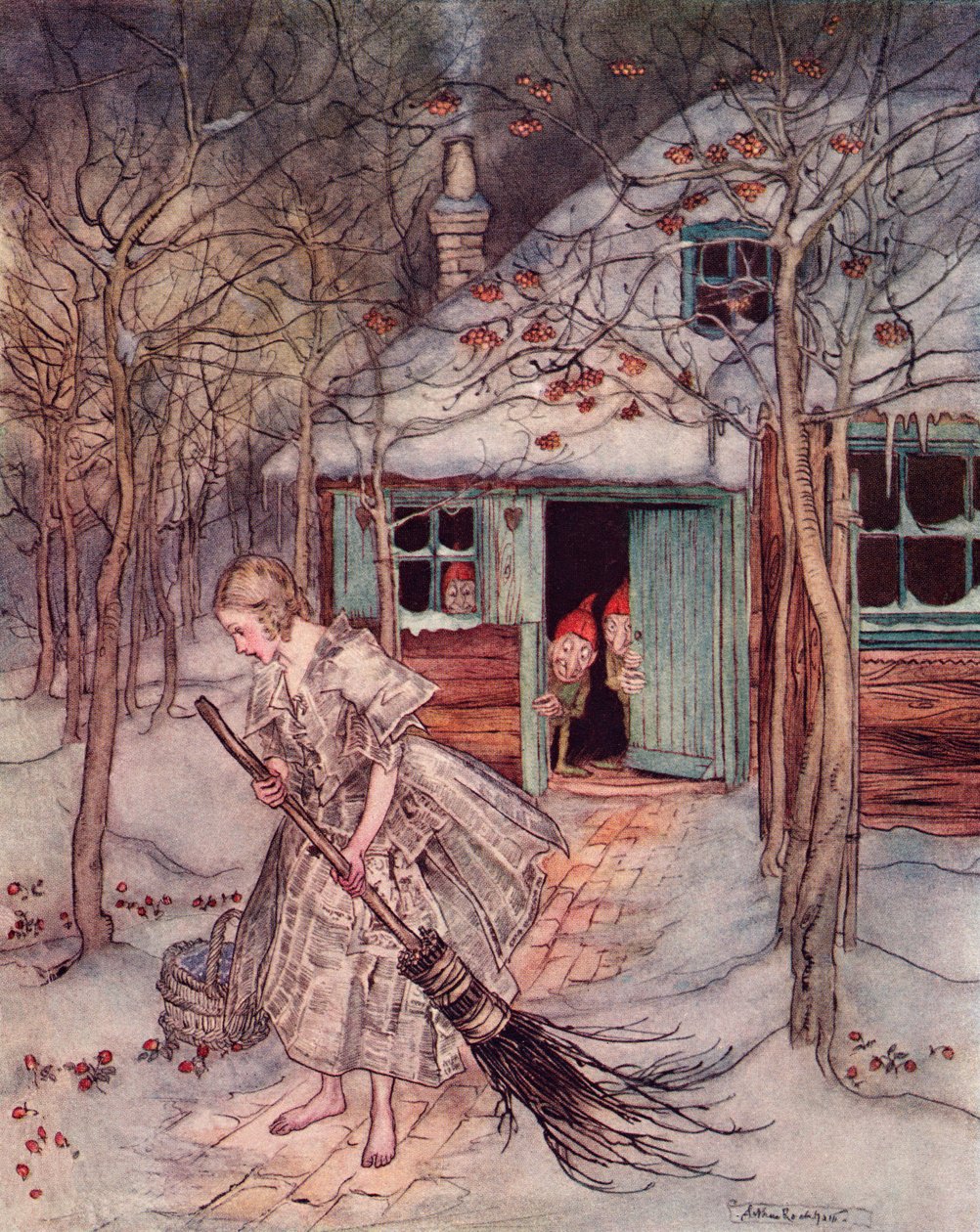 Mitä muuta hän sieltä löysi kuin todellisia kypsiä mansikoita. Arthur Rackhamin kuvitus Grimmin sadusta, Kolme pientä miestä metsässä, julkaistu 1800-luvun lopulla. tekijältä Arthur Rackham
