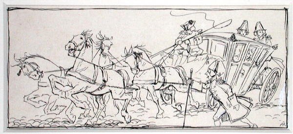 "Mikä tekee valmentajasta niin raskaan tänään?", kuvitus Thomas Ingoldsbyn teoksesta "The Ingoldsby Legends, or Mirth and Marvels", julkaistu 1898 (kynä ja muste paperille) tekijältä Arthur Rackham