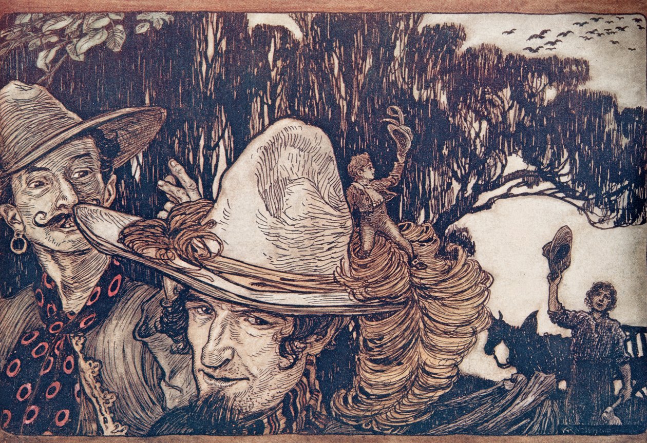 Kun Tom oli hyvästellyt isänsä, he lähtivät hänen mukaansa .. , Grimmin veljesten saduista, kustantamo. 1909 tekijältä Arthur Rackham