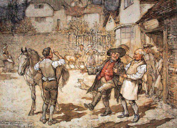 Kun uuhikipu oli tuonut kohtuullisen voiton (kynä & muste ja akvarelli paperille) tekijältä Arthur Rackham