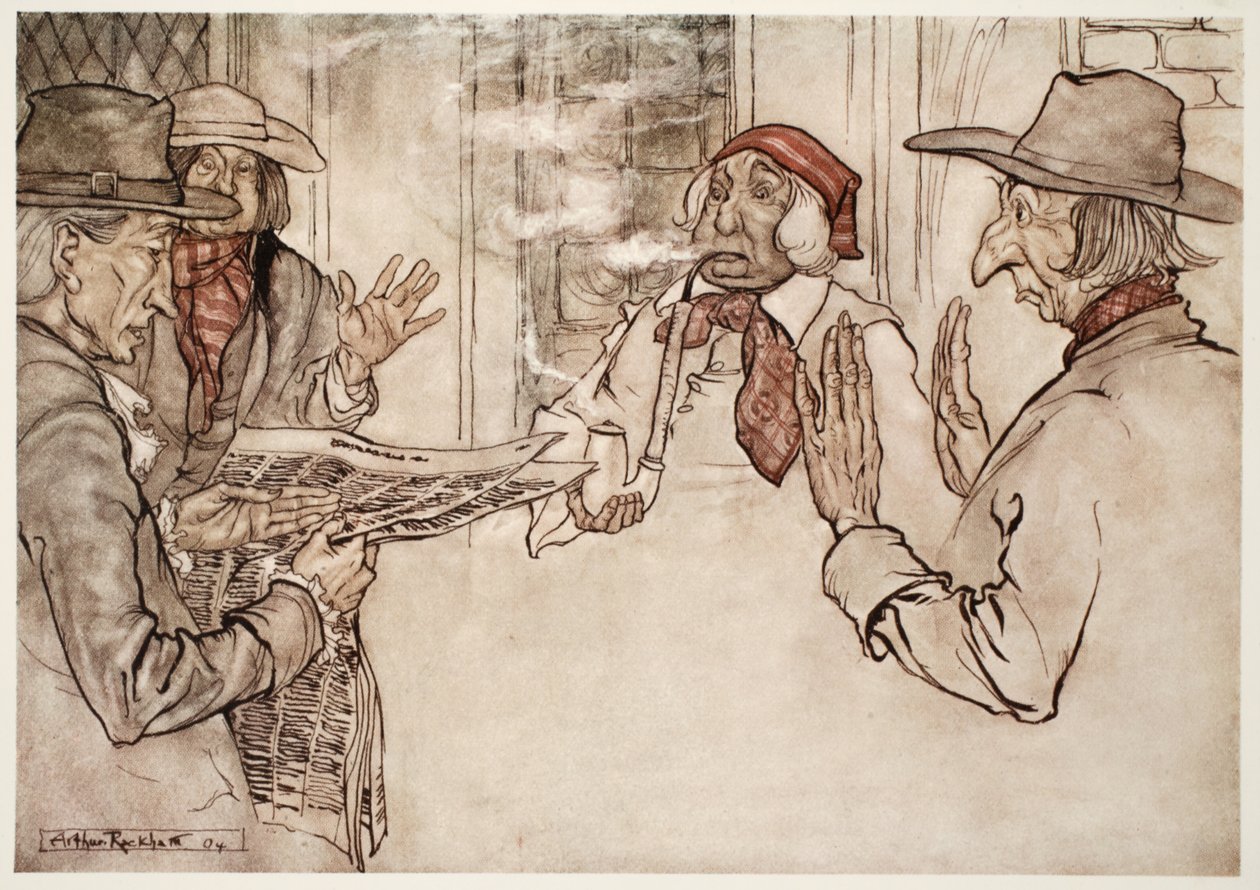 Kun mikään ei miellyttänyt häntä, hänen havaittiin polttavan kiivaasti piippuaan ja lähettävän lyhyitä, toistuvia ja vihaisia puhalluksia. Rip Van Winkle, Washington Irving, pubi. 1910 tekijältä Arthur Rackham