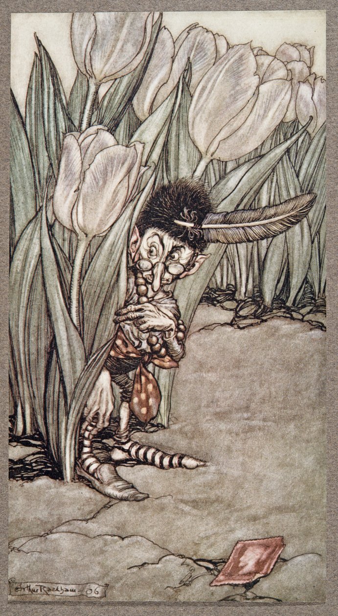 Kun hän kuuli Petersin äänen, hän poksahti hätääntyneenä tulppaanin taakse, Peter Panin Kensington Gardensista, kirjoittanut J M Barrie (1860 - 1937), pubi. 1906 tekijältä Arthur Rackham