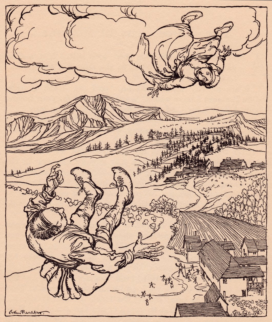 Kun hänen miehensä näki hänet, hän huusi: Hei! tule luokseni tänne". Arthur Rackhamin kuvitus Grimmin sadusta Nuori jättiläinen." tekijältä Arthur Rackham