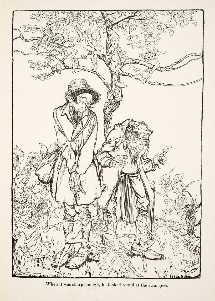 Kun se oli tarpeeksi terävä, hän katsoi ympärilleen vieraita, julkaisusta Pikkuveli & Pikkusisar ja Muita Grimmin veljesten tarinoita, pub.1917 (litho) tekijältä Arthur Rackham