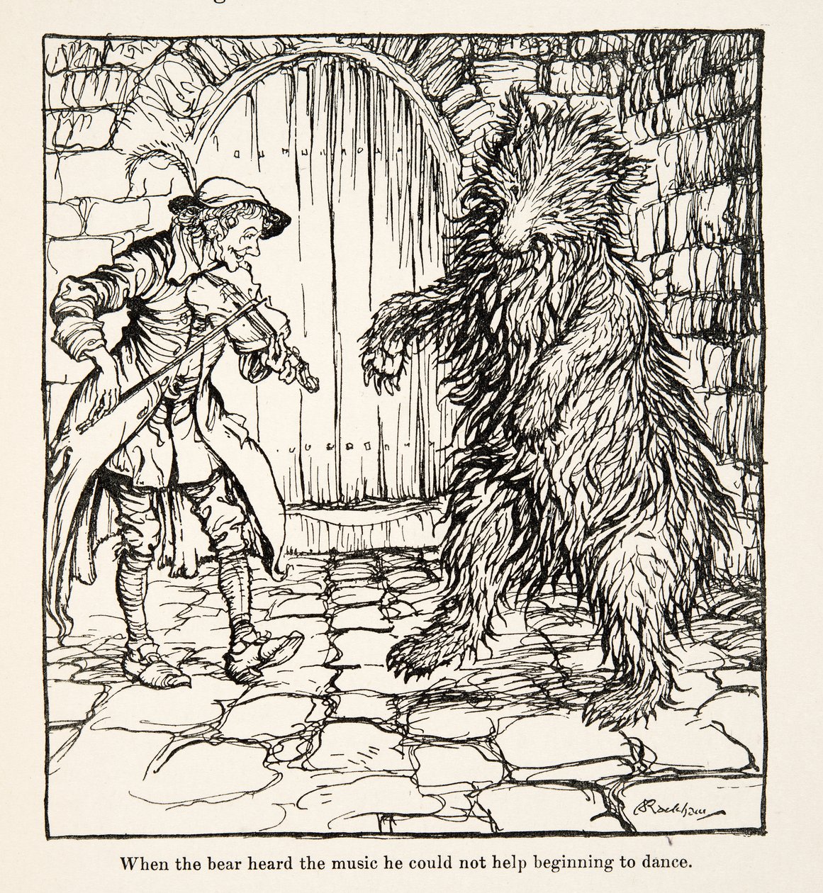 Kun karhu kuuli musiikin, hän ei voinut olla aloittamatta tanssimista, teoksesta Pikkuveli & Pikkusisar ja Grimmin veljesten muita tarinoita, pub.1917 (litho) tekijältä Arthur Rackham
