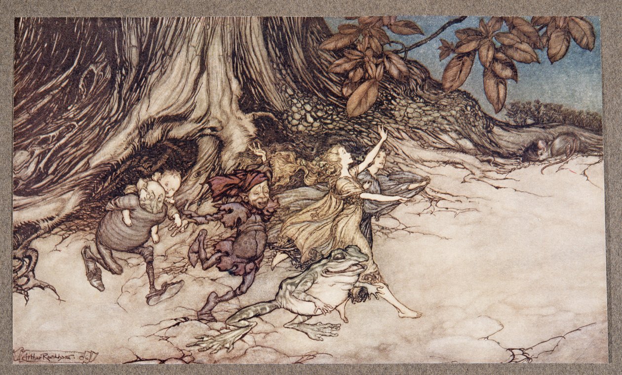Kun he ajattelevat, ettet ole etsimässä, he hyppäävät mukaansa melko vilkkaasti, J M Barrien (1860 - 1937) pubista, Kensington Gardensin Peter Panista. 1906 tekijältä Arthur Rackham