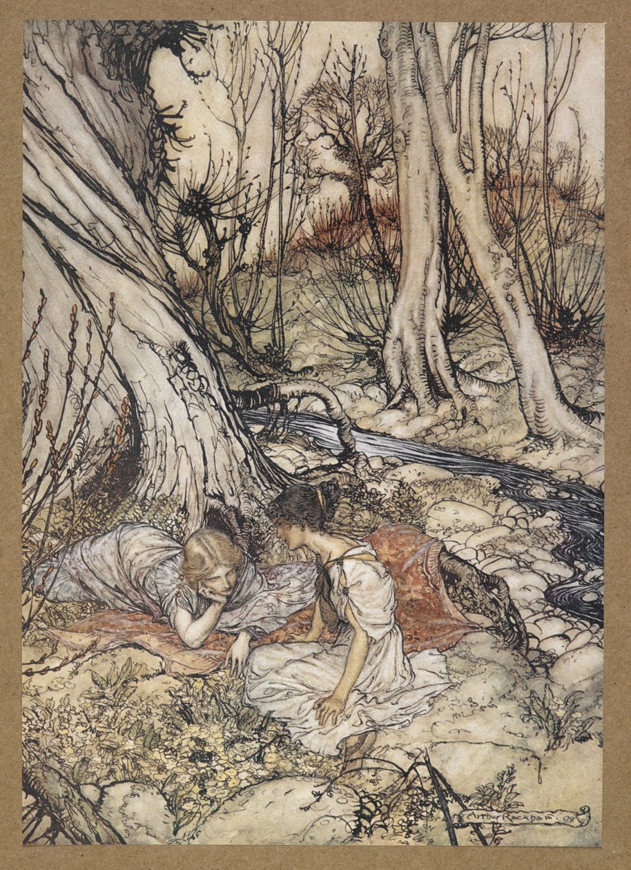 ... Missä usein sinä ja minä teeskentelemällä esikoisen silmuja tapaamme valehdella, tyhjentäen povemme heidän neuvoistaan. Hermia ja Helena. Kohtaus Kesäyön unelmasta. tekijältä Arthur Rackham