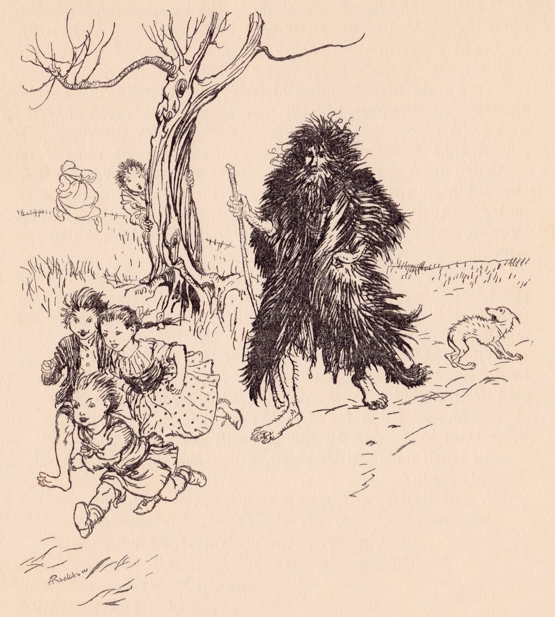 Joka näki hänet, juoksi karkuun. Arthur Rackhamin kuvitus Grimm